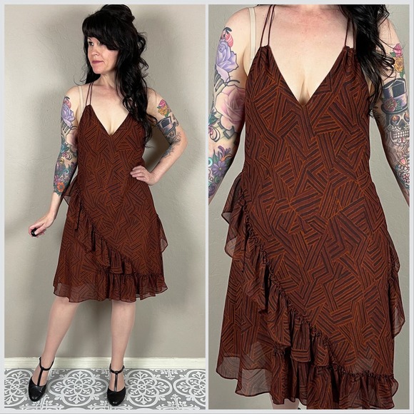 Vintage Dresses & Skirts - Vintage Y2k Brown Chiffon Geometric Ruffled Halter Slip Dress